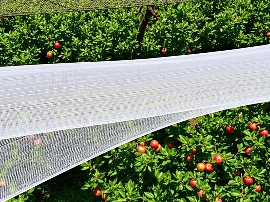 A high-angle shot of a meticulously installed hail netting system over an apple orchard, showcasing the protective barrier against hail damage. The netting is taut and well-maintained, ensuring full coverage of the trees.