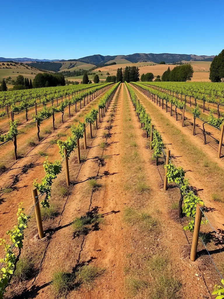 A drone shot of a newly established vineyard with rows of young vines supported by fencing. The vineyard is neatly organized and well-maintained.
