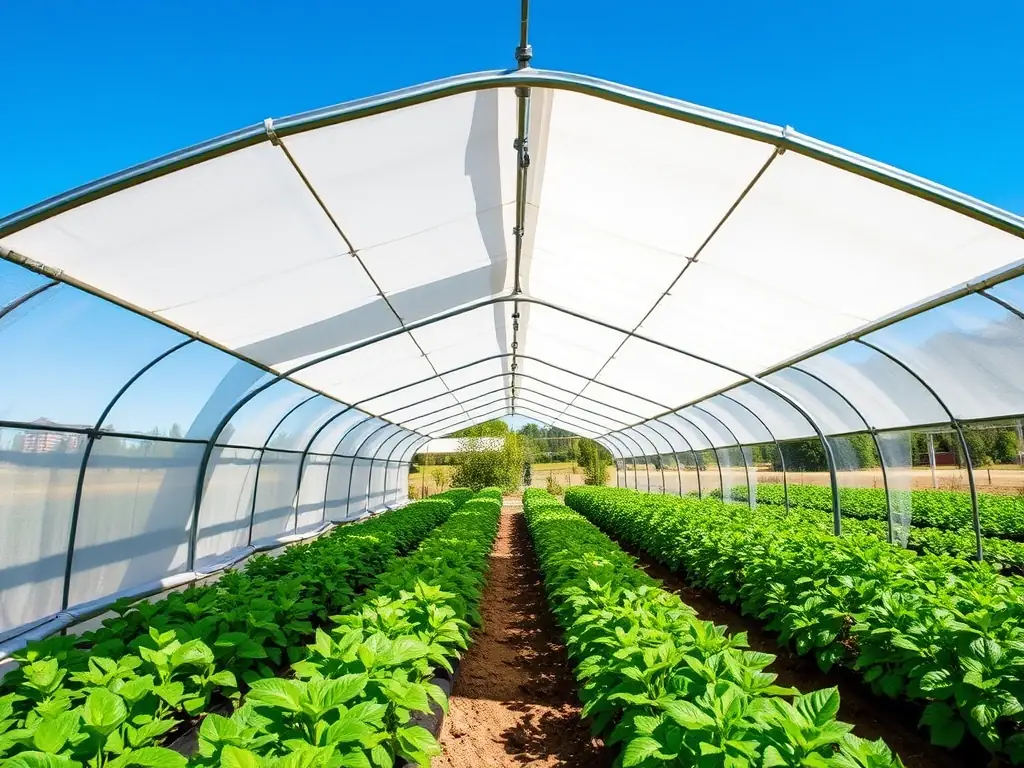 An exterior view of a shade house structure protecting rows of young plants, showcasing the controlled environment created by the shade cloth. The structure is sturdy and well-ventilated, promoting healthy plant growth.
